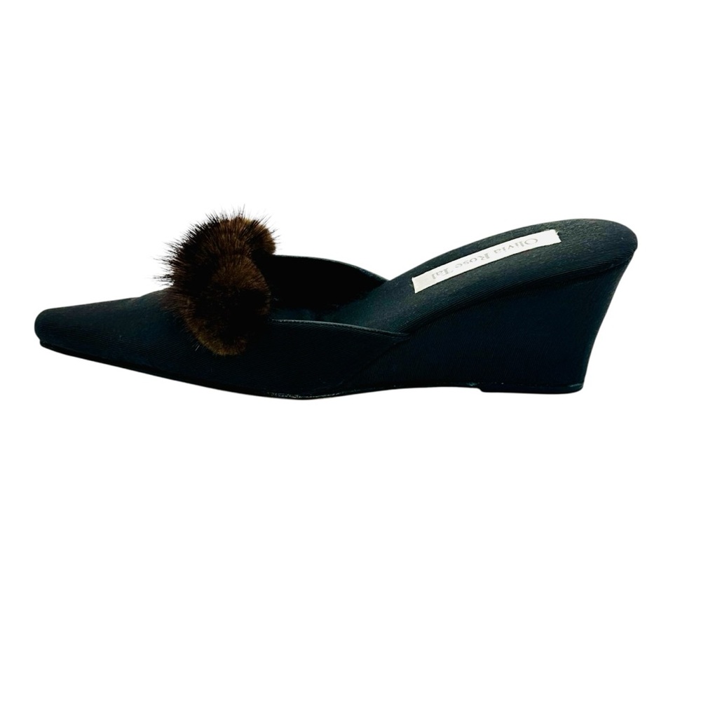 Olivia Rose Tal Black Wedge Mules with Brown Fur sz 9 Vintage - Picture 6 of 11